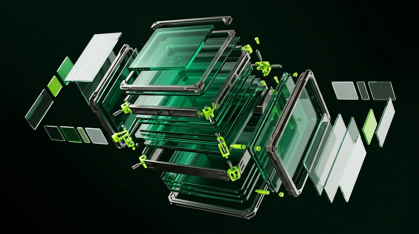 An exploded assembly of translucent emerald glass panels and dark titanium frames with lime green joints is surrounded by floating rectangular glass swatches.